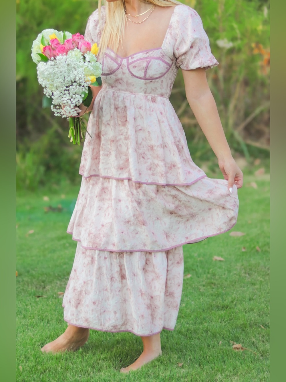 Baevely Romantic Pink Floral Maxi Dress with Puff Sleeves